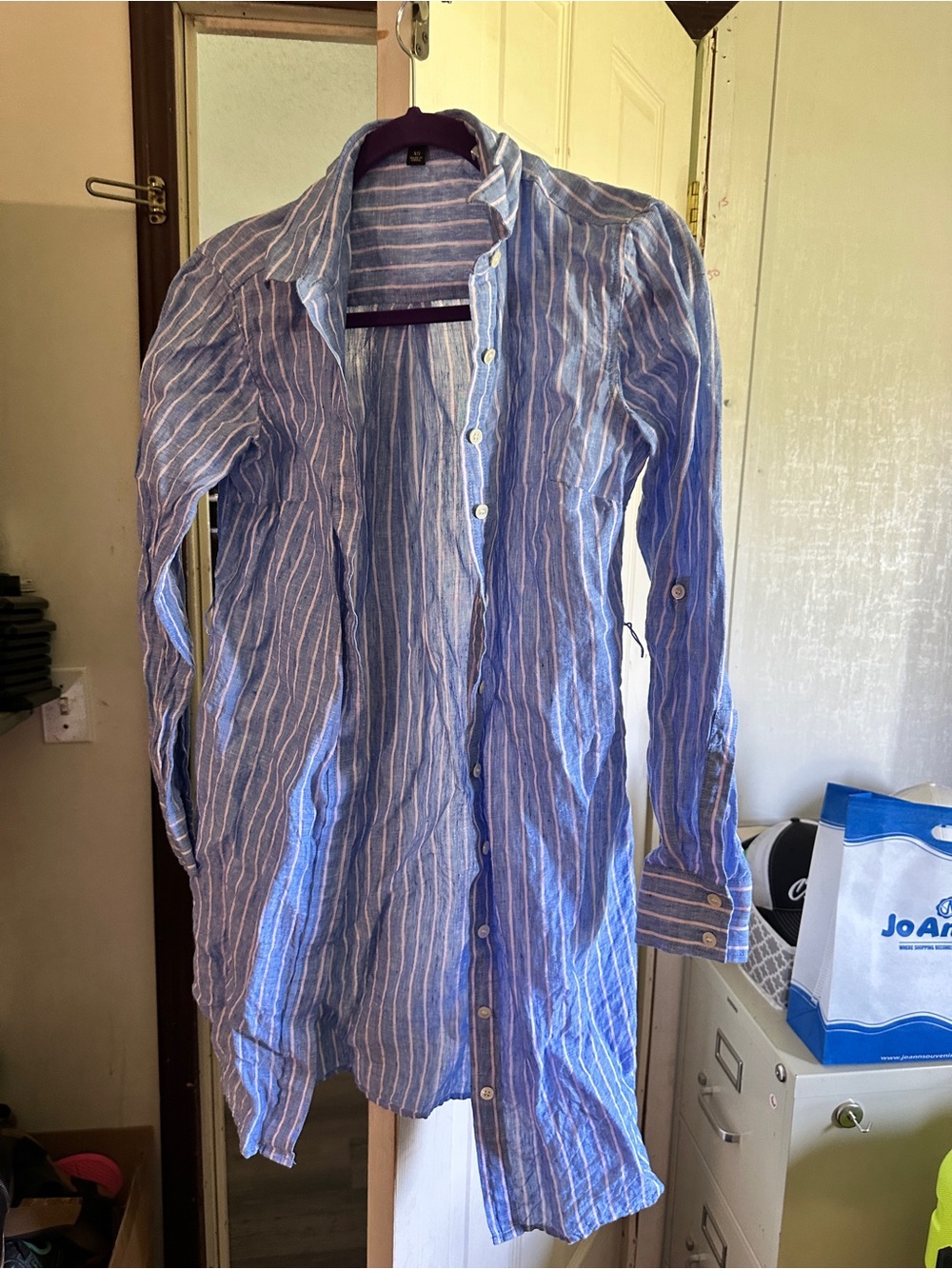 Jones New York Blue and White Striped Long Sleeve Shirt Dress